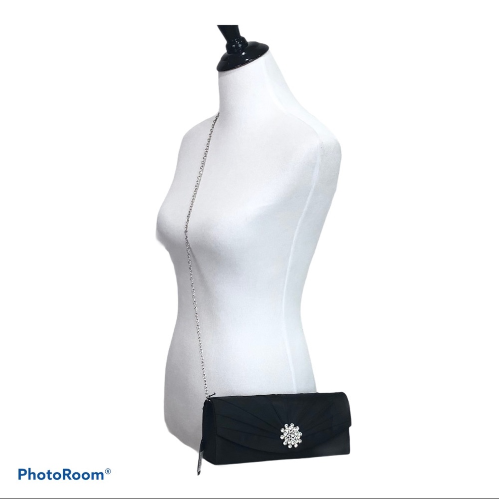 RSVP satiny black bag with silver chain strap
